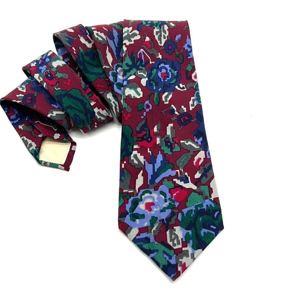 MISSONI Cravatte Silk Tie Hand Made Floral Print Burgundy Green Blue